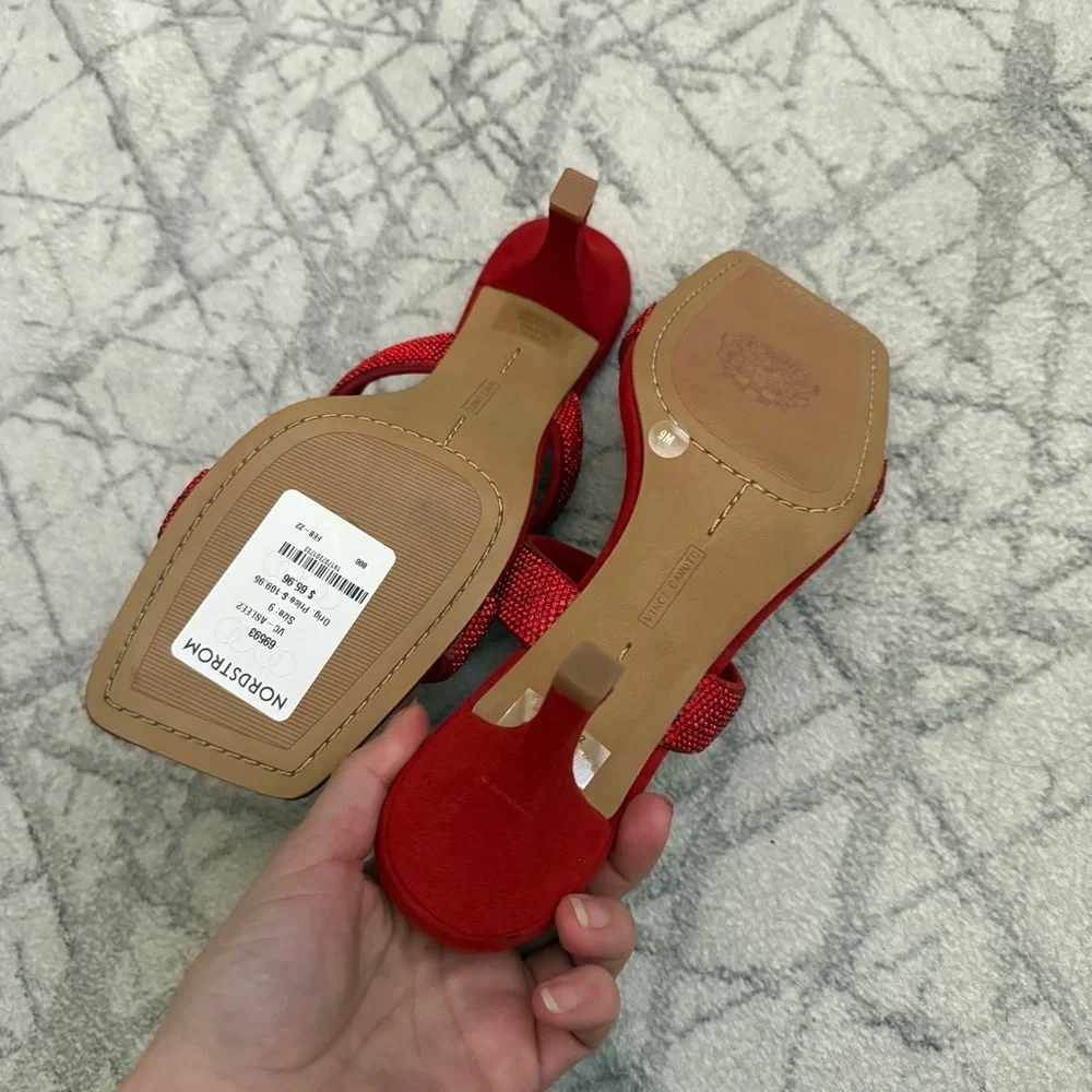 Vince Camuto Red Rhinestone Embellished Slide Heels Square Toe Sandals 9 - Picture 5 of 6